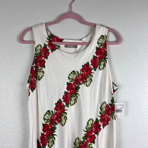 Hilo Hattie Cream Hawaiian Floral Silk Midi Dress Size L NWT - Picture 2 of 7